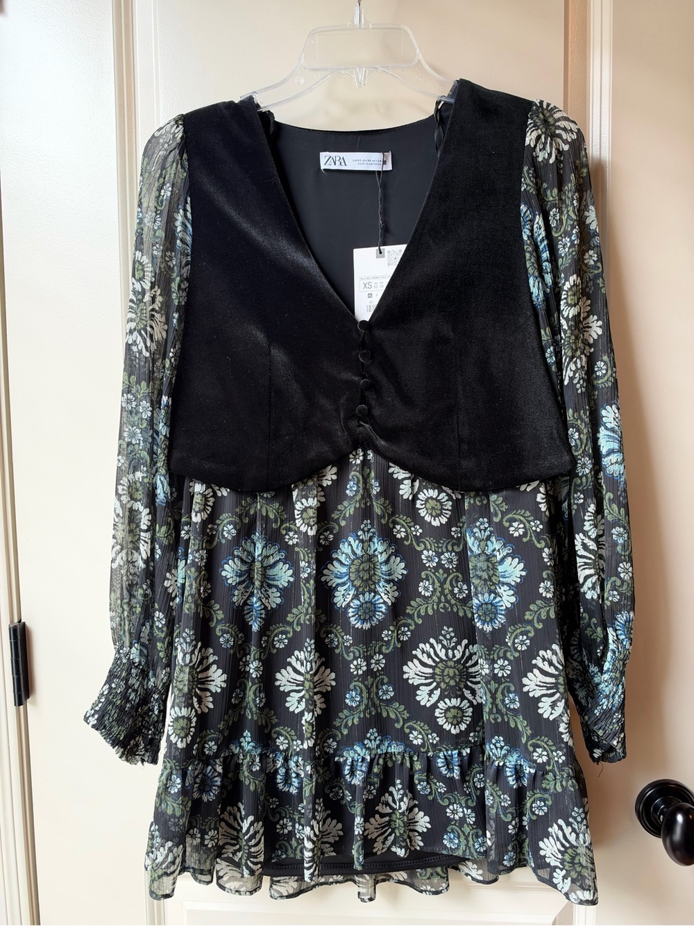 ZARA Black Floral Long-Sleeve Mini Dress with Blue and Green Accents